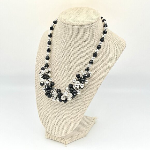 Vintage 80s Silver & Black Bead Cluster Statement Necklaces Marked Korea Costume - Picture 2 of 10